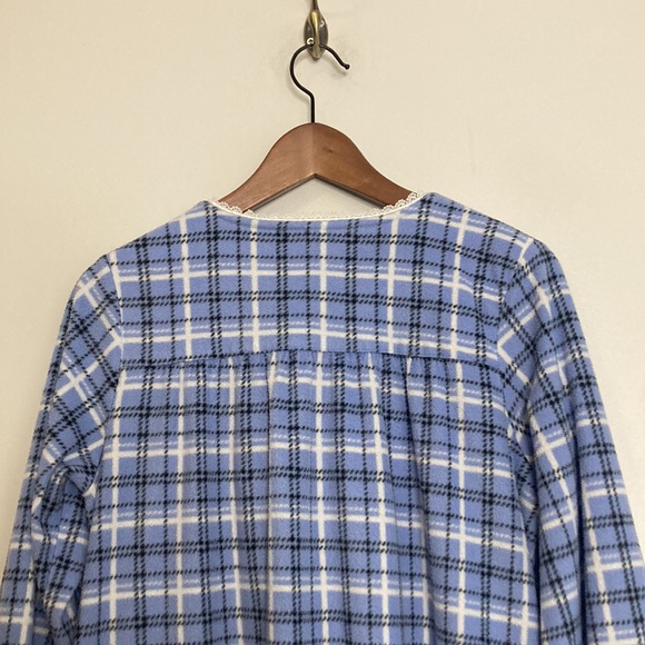 Lanz of Salzburg Nightgown Womens Medium Blue White Plaid Fleece PJs Pockets - Picture 4 of 13